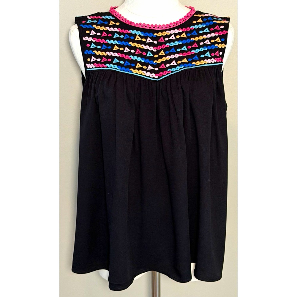 Savanna Jane Black Multicolor Embroidered Crochet Round Neck Sleeveless Blouse M